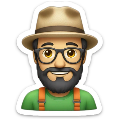 happy gardener face long dark beard and short dark hair with little round glasses and a hat sticker