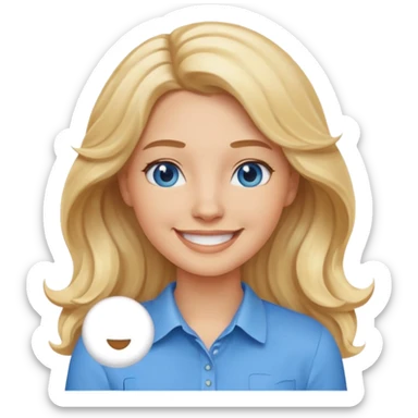 Create a custom emoji-style character inspired by a smiling woman with long, wavy blonde hair, light skin tone, and blue eyes. Emphasize a friendly, approachable expression with a bright smile and soft features. sticker