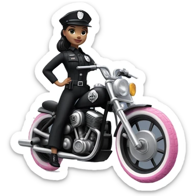Bouclé Beauty Barbie, Wednesday Addams from academy, in vertically-striped dark-gray and black police officer’s uniform with small hat. Leaning back at the hips, riding a wheelie on a hot rod bike smiling  sticker
