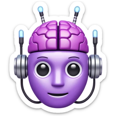 3D emoji icon of a purple circuit-patterned brain, small robot head with antennas on top, glowing binary ring, clean white background, minimalist tech style." sticker