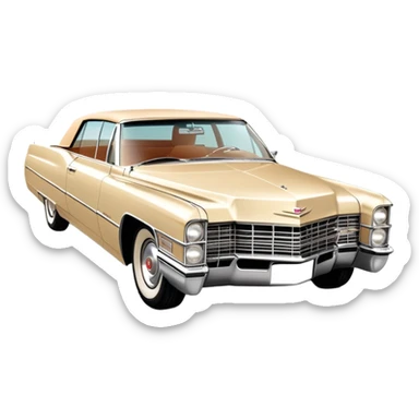 Beige 1966 Cadillac DeVille, 30-degree three-quarter view showing front and side, accurate vintage luxury car proportions, detailed front grille and headlights, from Once Upon a Hollywood movie, iOS emoji style sticker