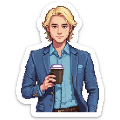 Confident male entrepreneur, Caucasian features, blonde hair, defined eyebrows, slight smile, wearing blue blazer over light blue shirt, holding a smartphone in one hand and a coffee cup in the other, waist-up, front-facing sticker