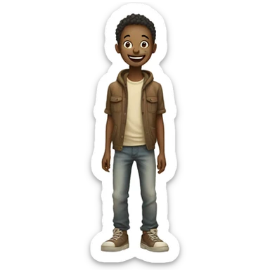 A skinny boy stands in old clothes and laughs sticker