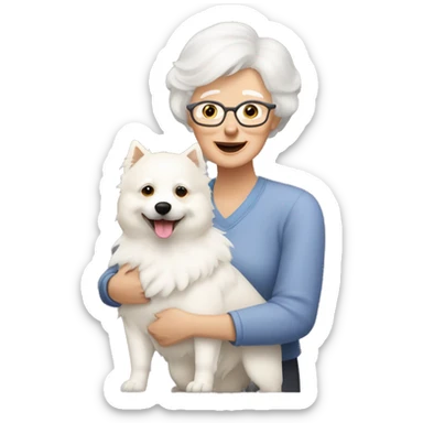 a grandma with short haircut and light blonde hair hugs a white spitz dog sticker