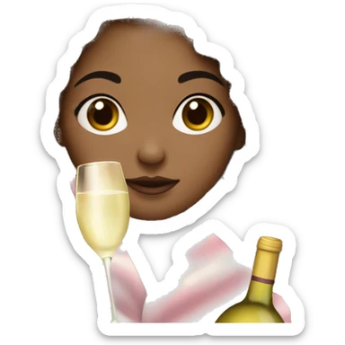 girl with light skin tone and pink blankets holding a bottle of white wine  sticker
