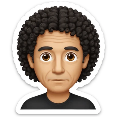 60 year old Greek man with short black curly frizzy think hair that sticks up and has a black shirt sticker