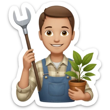 Adult male, light skin, friendly smile, casual farm-style clothes, relaxed posture, holding a plant or small tool, approachable, completely unique from other male roles sticker