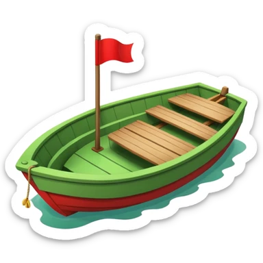 green boat in cartoon having a small place to live and a small red flag on it sticker