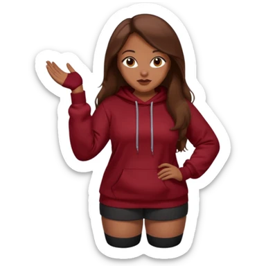 Curvy pretty brown girl with long brown hair, wearing a dark deep red sweatshirt with tall black socks sticker