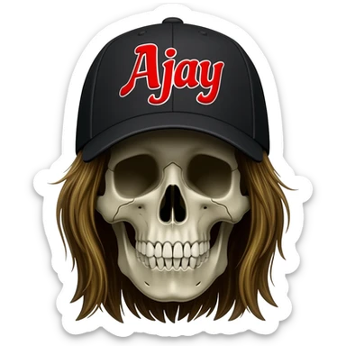 Create a skeleton head wearing a black baseball cap that says "Ajay" in red lettering, with long dark blonde hair sticker