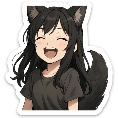 A girl with black fox ears and a tail, green eyes, dark hair, laughing sticker