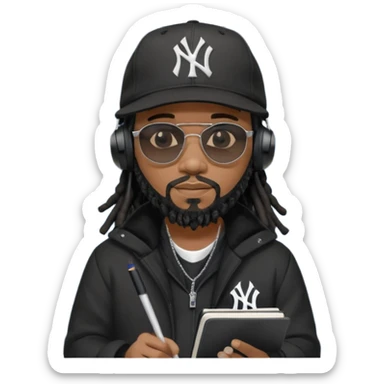 African American man with shoulder length black dreadlocks with black beard wearing black sunglasses wearing a black New York Yankees logo baseball cap wearing a black bubble winter coat wearing headphones writing a rap song in notebook sticker