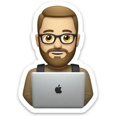 A white man with a beard and a macbook, coding sticker