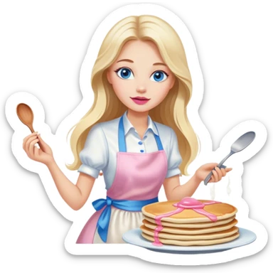 Cinematic realistic beautiful blonde with long hair, blue eyes and pink lips in a white dress cooks pancakes sticker