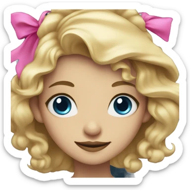 Witchy blonde blue eyed girl smiling, wearing a gold necklace and a black witch hat with a pink bow sticker