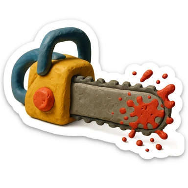 claymation style chainsaw with red splatter, plasticine look sticker