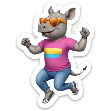 friendly anthropomorphised rhino in jeans and colourful t-shirt, wearing dark sunglasses, jogging upright, jumping with excitement, standard pose sticker