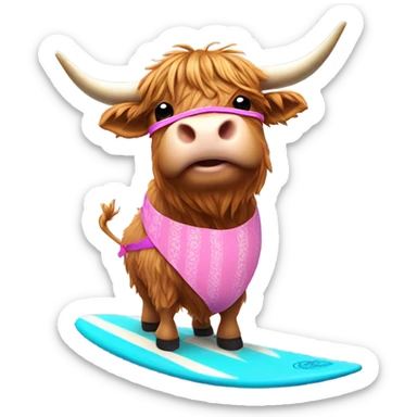 highland cow surfing in pink swim suit with a blue teacup sticker