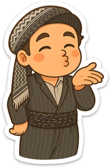Cartoon sticker of a Kurdish man with the same clothes and scarf as the reference, no changes to clothes or scarf, face sending a kiss (lips puckered, winking or eyes closed), one hand in front of mouth as if blowing a kiss, colorful and cheerful, no shadows or color halos around the image, no text, suitable for WhatsApp and Instagram, fully transparent background. sticker
