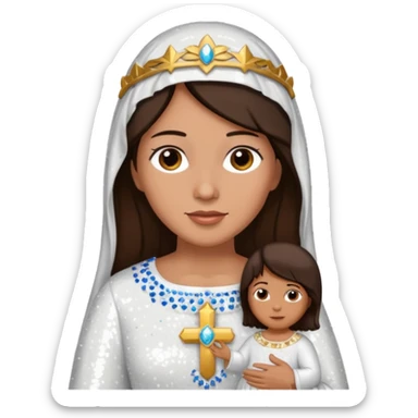Mary, mother of Jesus from The Bible with dark brown hair, white sequin outfit sticker