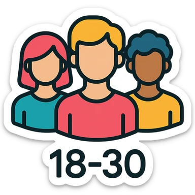Discord role icon for 18-30 age group, using stylized silhouettes of young adults in a group, vibrant and welcoming look sticker