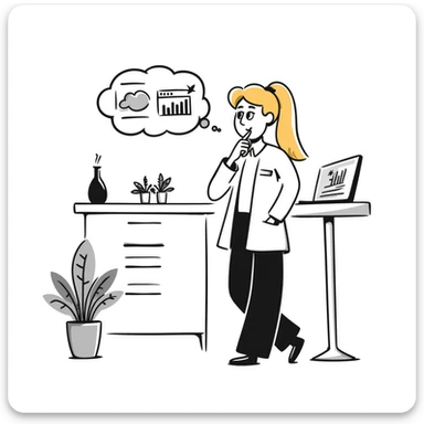 A thoughtful blonde physical therapist with finger on chin, wearing scrubs, looking contemplative while analyzing patient data sticker