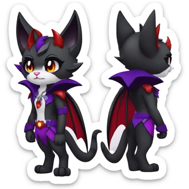 Anthro-Cute-Edgy-Cool-Vampiric-Batty-Cat-Black-Purple-Red-Grey-White-Yellow-Contrast-Colors-Fantasy-Fur-Sona-Chibi-Shiny-Fakémon-Hybrid with horns and fangs and collar full body sticker