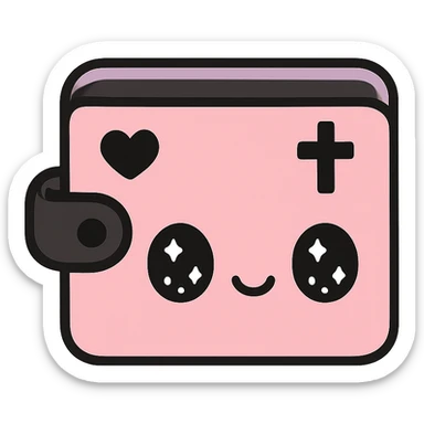 pink and black gothic wallet, big eyes, smiling, cartoonish, playful sticker