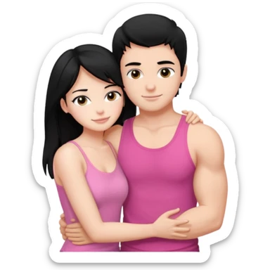 a pretty bratz fair girl. black hair, wearing a pink cami top, she is hugging a handsome fair guy with black hair. lean but muscular. is wearing a black tshirt sticker