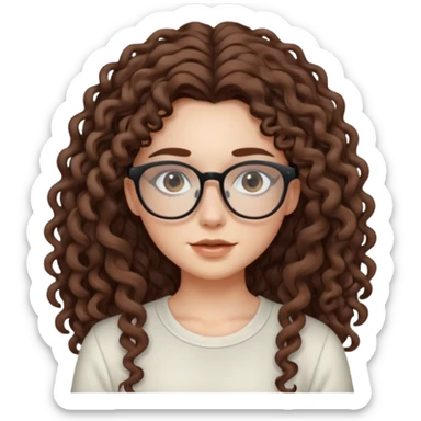 aesthetic white girl with cool colored brown, very long curly hair, she wears an offwhite top and her eyes are black , and wears thin small square glasses sticker