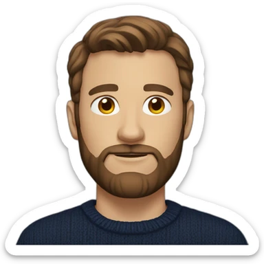 Man with brown hair and trimmed beard and navy sweater sticker