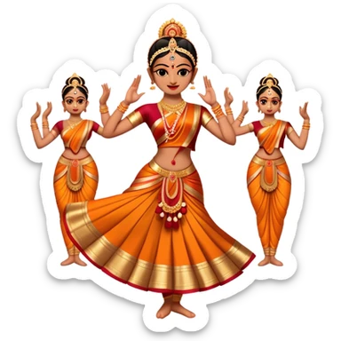 Cinematic Realistic Bharatanatyam Dance Emoji, depicted as an elegant classical Indian dance performance with graceful poses, intricate costumes, and expressive hand gestures, rendered with rich textures and warm dramatic lighting that captures its timeless beauty. sticker