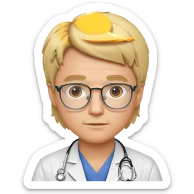 This is a cartoon-style avatar of a doctor with blond hair, glasses, and a neutral expression sticker