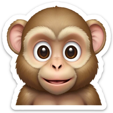 Cinematic Cute Macaque Portrait Emoji, Head tilted playfully and inquisitively, with a charmingly mischievous face accented by soft, fuzzy fur and round, sparkling eyes filled with curiosity, Simplified yet irresistibly adorable features, highly detailed, glowing with a warm, friendly glow, high shine, affectionate and lively, stylized with a touch of primate whimsy, bright and endearing, soft glowing outline, capturing the essence of a playful macaque that seems as if it could jump out of the screen into your arms! sticker