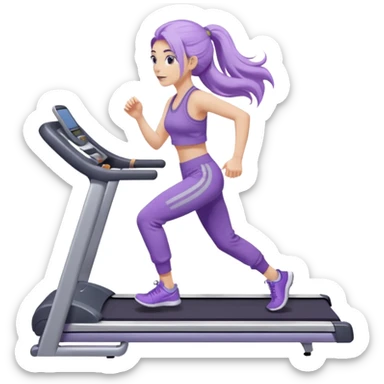 Девушка белокожая на беговой дорожке, с длинными светло-лиловыми волосами, в лиловом топе, в серых спортивных штанах, с черными ресницами sticker