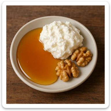 a small plate filled with honey and clotted cream, accompanied by walnuts, traditional Turkish breakfast sticker