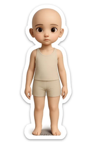 Remove all hair and make the character bald while keeping everything else the same including shorts, tank top, pose, and style. Maintain transparent background. sticker