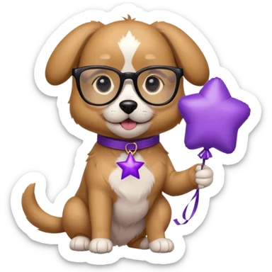dog holding purple star balloon in hand with black glasses sticker