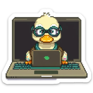 Animated duck wearing glasses, programming Python on a laptop sticker