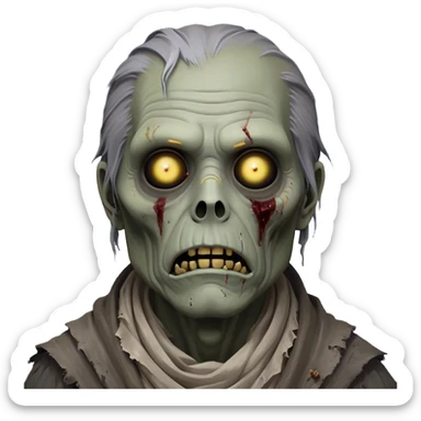 Cinematic Noble Zombie Portrait Emoji, Surprisingly dignified and somber, with a decaying yet strangely regal visage in ashen grays and muted tones, draped in tattered attire hinting at a lost grandeur, simplified yet meticulously detailed, glowing with a soft, eerie radiance and a gentle outline that evokes the tragic nobility of the undead! sticker