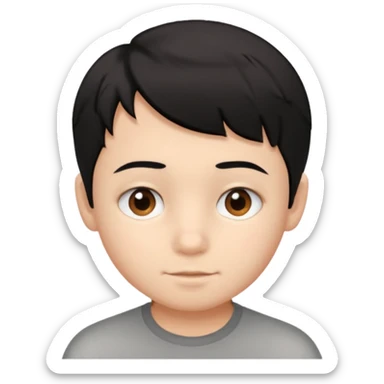 young boy with short, slightly messy black hair, a round face, large brown eyes, and a small neutral smile sticker