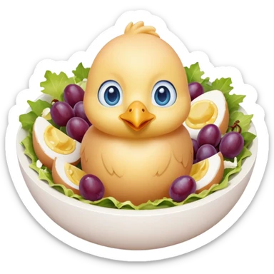 Chick in egg w blue eyes and chicken salad around it w cut up grapes in the salad sticker