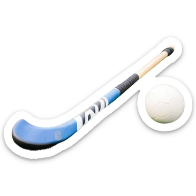 A field hockey stick and ball resting on a well-maintained green grass field, with the goalposts and markings visible in the background. The scene highlights the precision and focus of the grass facture, with the vibrant green pitch creating a dynamic atmosphere. sticker