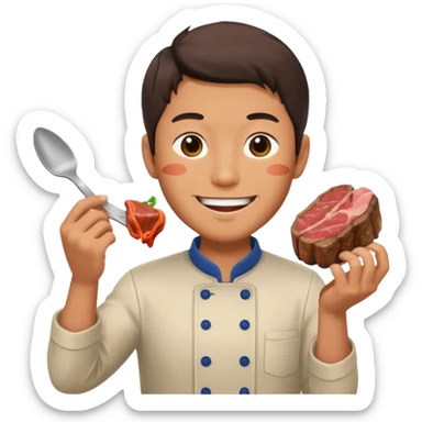 Japanese man holds in hands steak preparing to eat with lovely sight sticker