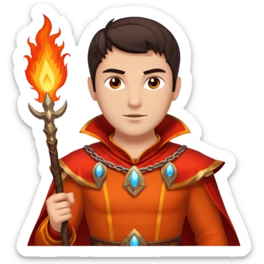 Vulcan, Fire God from Rome Mythology with dark brown hair, orange and red outfit, light tan skin sticker