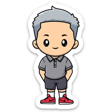 Mid 30s grey side part short hair medium size in polo and jordans sticker