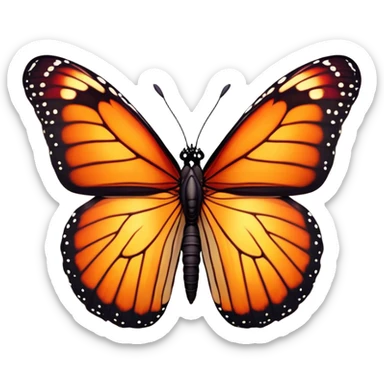 Cinematic Realistic Noble monarch Butterfly Portrait Emoji, Poised and elegant, with delicate, translucent wings rendered in rich ruby and scarlet hues, a slender, graceful body with intricately detailed textures, and soft, reflective eyes, illuminated by natural light, high shine, intelligent and regal, styled with an air of refined natural splendor, focused and attentive, soft glowing outline, capturing the essence of a watchful and confident monarch butterfly that appears to emerge majestically from the screen! sticker