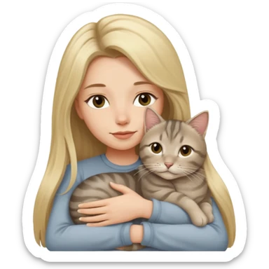 Long blonde hair woman snuggling gray tabby cat sticker
