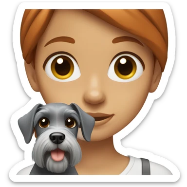 redhead girl with brown eyes holding a grey schnauzer  sticker