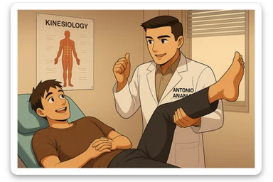 su questo lettino rappresenta un webtoon manga a colori con questo stile, in cui un uomo è steso sul lettino medico e il kinesiologo con il camice bianco (fagli anche la scritta "ANTONIO ANANIA" SUL CAMICE, gli solleva una gamba per fargli il test neuromuscolare, IL KINESIOLOGO SPIEGA ALL'UOMO UNA cosa mentre gli alza la gamba. l'espressione dell'uomo è felice e soddisfatta, non fare i fumetti però, fai solo in modo che sembri stiano parlando sticker